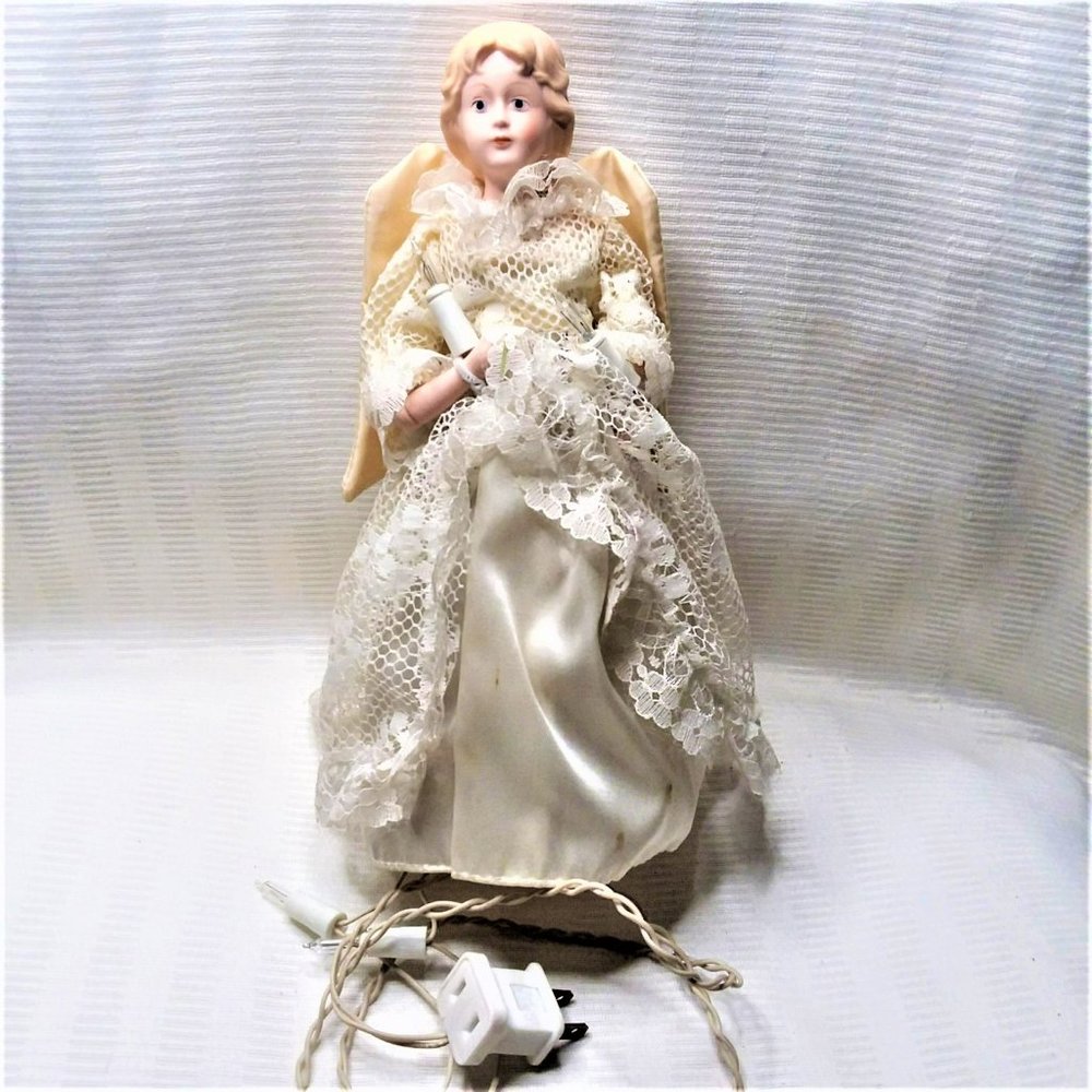 VTG Christmas Angel Tree Topper Porcelain Lighted Lace Holiday Home Decor Works